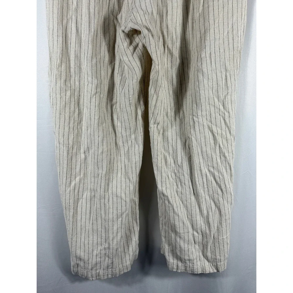 ZARA Linen Blend Striped Drawstring Waist‎ Wide Leg Pants Women L Beige Black
